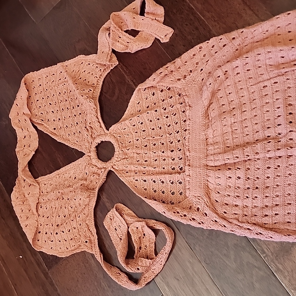 Crochet Center Ring Halter Coverup Dress, Sepia. Large - Picture 7 of 13